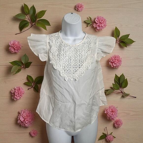 MNG Basics White Crochet Blouse Sz 2 Small Cap Sleeves Back Buttons Boho Top - Picture 1 of 6